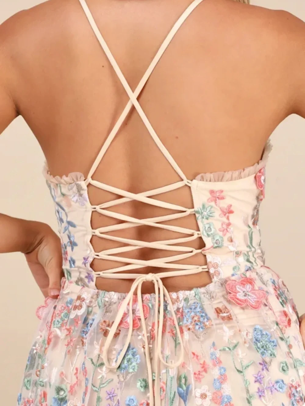 Mahryn Beige 3D Floral Embroidered Midi Bodysuit Dress - Picture 4 of 10